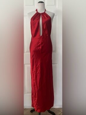 Vintage Y2K Victoria's Secret Red Satin Halter Tie Slip Dress Plunging Deep Neck